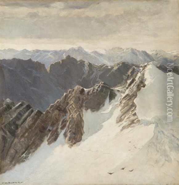 In Upper Regions - The Alps, Snow-capped Mountain Crest Oil Painting - Frank William Cuprien