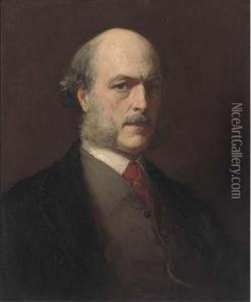 Portrait Of Sir William Frederick Pollock, Bust-length, In A Dark Coat And Red Stock Oil Painting - Walter William Ouless