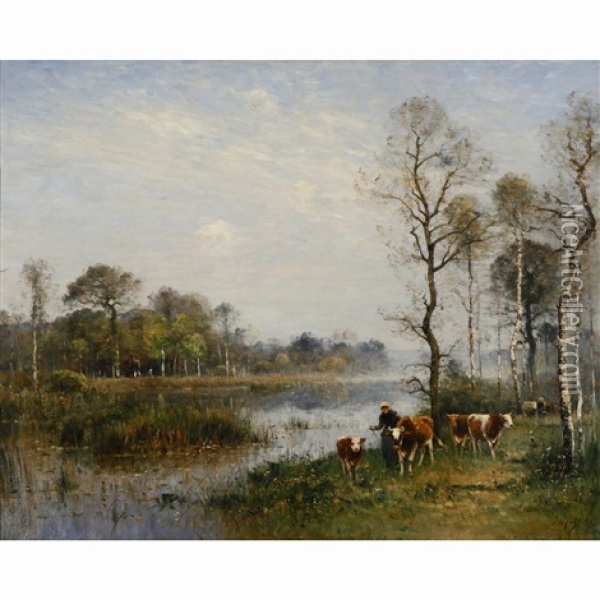 Herd Of Cows And A Farmer Oil Painting - Louis Aime Japy