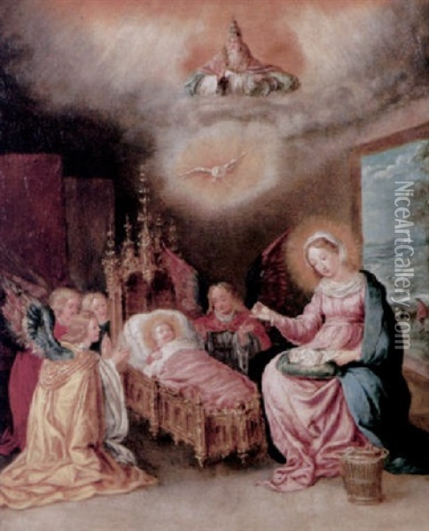 Angels Adoring The Christ Child In A Crib While The Virgin Sews, Observed By God The Father And The Holy Spirit Oil Painting - Frans Francken III