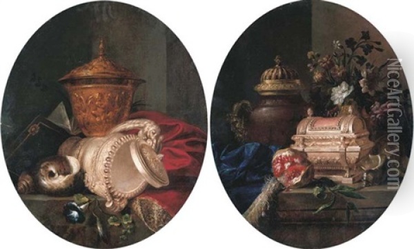 A Sculpted Gold Cup, A Silver-gilt Cup And Cover, A Shell And Bluebells On A Partially Draped Stone Ledge (+ A Silver Sewing Box, An Ewer And A Pomegranate On A Partially Draped Stone Ledge; Pair) Oil Painting - Meiffren Conte