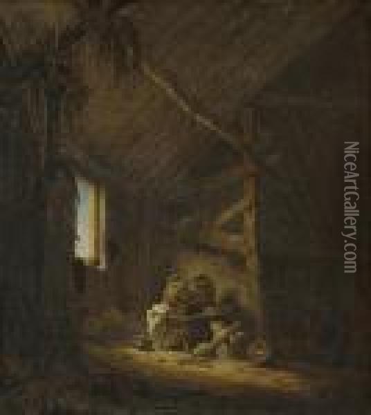 A Barn Interior Oil Painting - Herman Saftleven