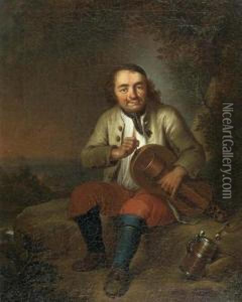 Sitzender Mann Mit Musikinstrument In Einer Landschaft. Oil Painting - Joseph Conrad Seekatz