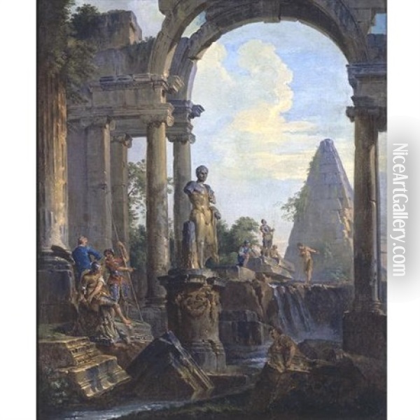 An Architectural Capriccio With The Pyramid Of Caius Cestius And A Classical Statue Of Meleager, Soldiers And Other Figures Conversing Oil Painting - Giovanni Paolo Panini