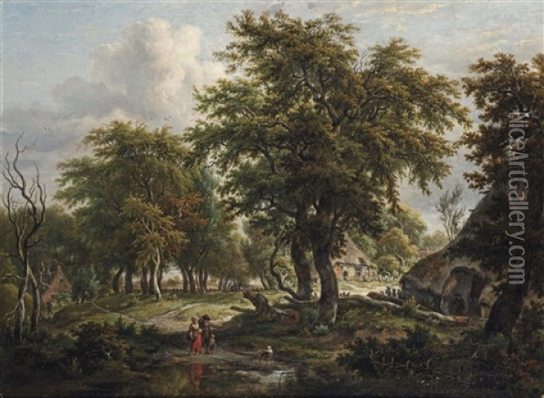 A Wooded Dune Landscape With Figures Near A Farm House Oil Painting - Egbert Van Drielst