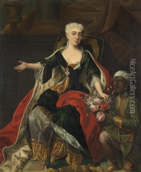 A Portrait Of A Noblewoman, Full Length, Seated, With A Blackamoor Kneeling Beside Her Holding A Basket Of Flowers, Thought To Be Elisabeth Christine De Brunswick-wolfenbuttel Oil Painting - Martin van Meytens the Younger