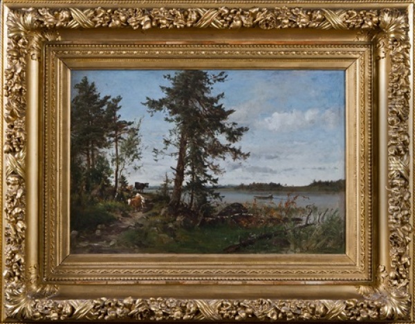 Cows By A Lake Oil Painting - Magnus Hjalmar Munsterhjelm