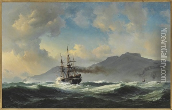 Seascape With Steam Frigate Off A Rocky Coast Oil Painting - Daniel Hermann Anton Melbye