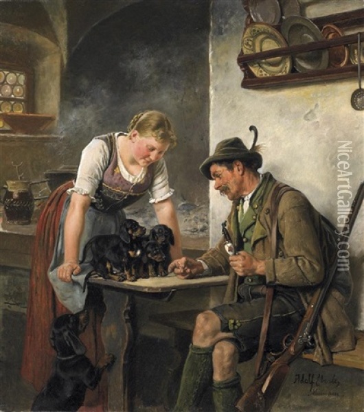 Die Magd Prasentiert Ihre Welpen Oil Painting - Adolf Eberle