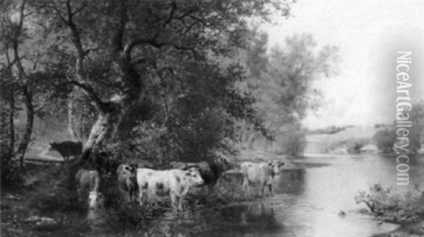 Cows Watering By A Stream Oil Painting - Charles Grant Beauregard