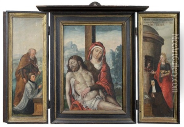Pieta Entre Les Donateurs Et Leurs Saints Patronymes (triptych, Various Sizes) Oil Painting - Jan Gossaert