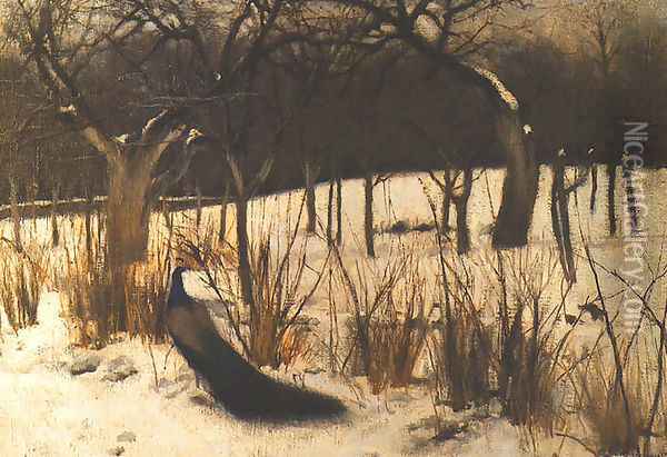 Winter. Peacock in a Garden Oil Painting - Jozef Czajkowski