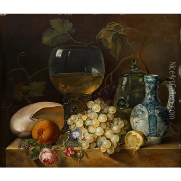 Still Life Of Grapes, A Roemer, And Vine Branch Oil Painting - Petronella Woensel
