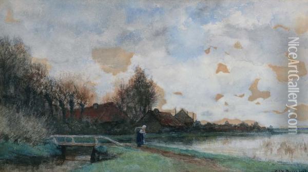 Boerderijen Aan Polderplas Oil Painting - Geo Poggenbeek