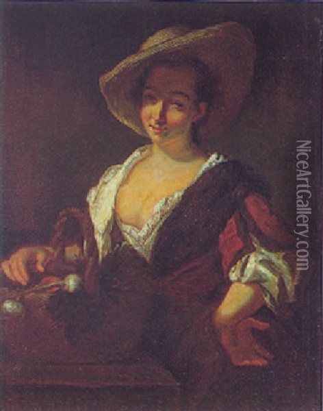 A Peasant Girl With A Straw Hat Beside A Basket Of Vegetables On A Stone Ledge Oil Painting - Antoine Pesne