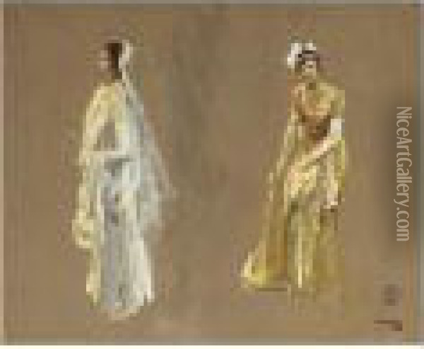 Miss Pike And Miss Pilkington: Studies For Their Majesties' Court, Buckingham Palace Oil Painting - John Lavery