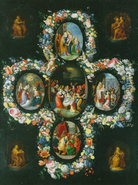 Scenes De La Vie De La Vierge Entourees D'une Guirlande De Fleurs Oil Painting - Andries Daniels