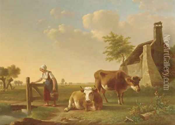 A milkmaid and her cows in a farmyard Oil Painting - Gillis Smak Gregoor