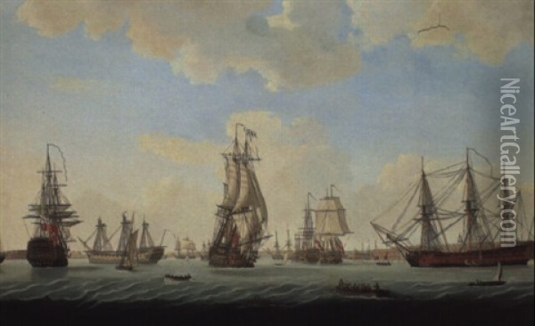Panorama Of Portsmouth Harbour With The 'courageux'(?), 'lion'(?). . . Oil Painting - Thomas (Captain) Elliott