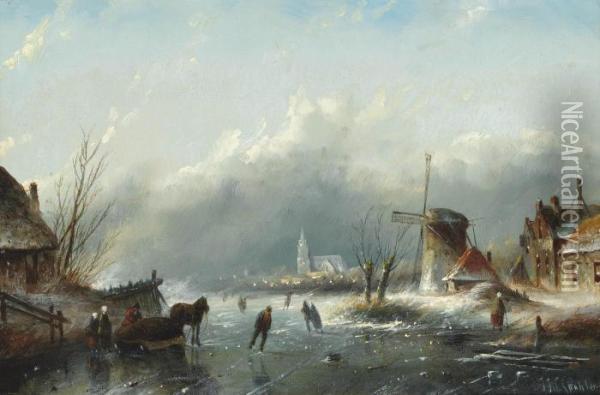 Skaters By A Windmill On A Dutch Waterway Oil Painting - Jan Jacob Coenraad Spohler