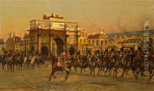 Napoleon And His Staff Reviewing The Mounted Chasseurs Of The Imperial Guard Before The Arc De Triomphe Du Carrousel Oil Painting - Francois Flameng