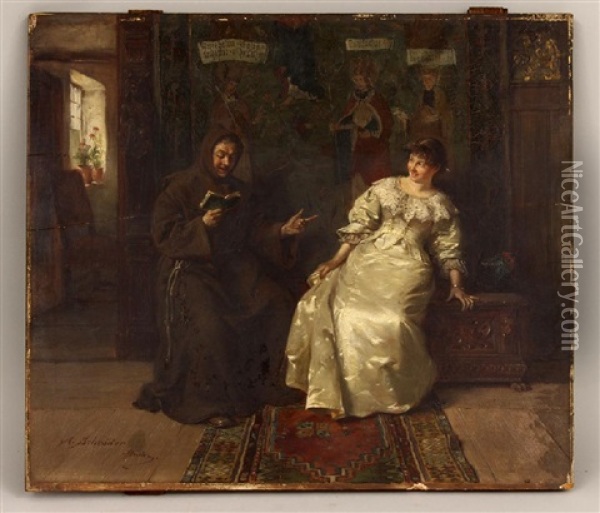 Interior With Monk Reading To Laughing Woman Oil Painting - Albert Friedrich Schroeder