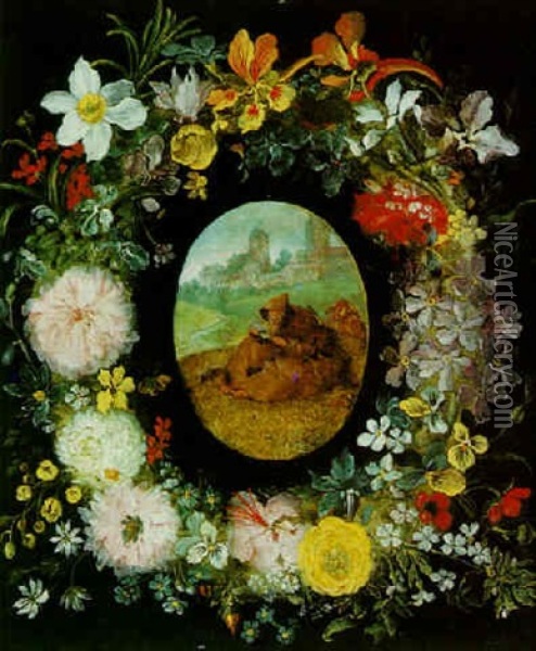 A Garland Of Flowers Surrounding The Temptation Of Saint Anthony Oil Painting - Jan Brueghel the Elder