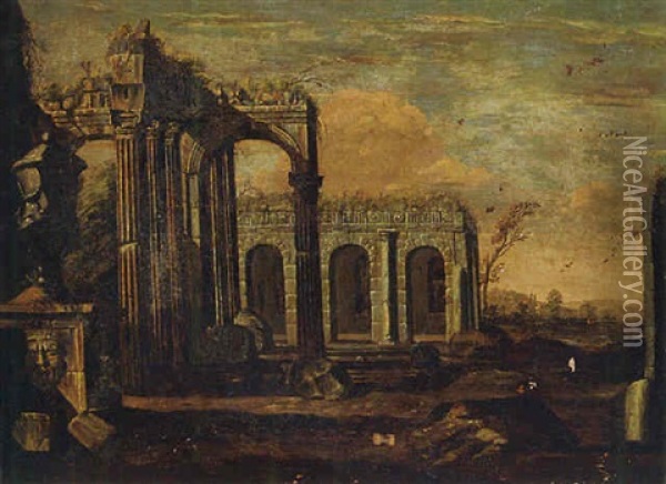 An Architectural Capriccio Of Roman Ruins Oil Painting - Giovanni Ghisolfi