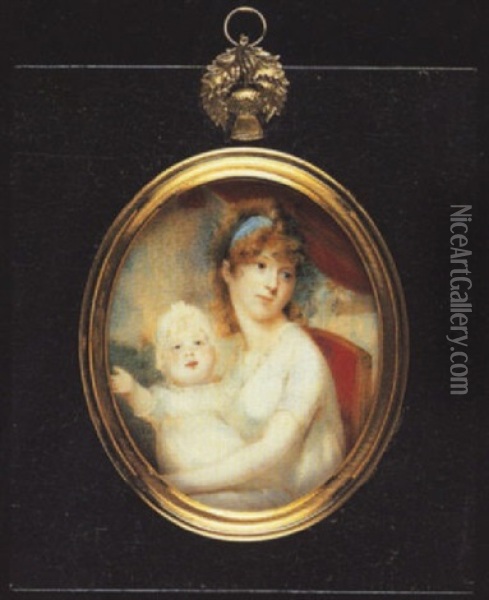 A Mother And Child, She Wearing White Dress With Frilled Neckline, A Blue Bandeau In Her Hair; Her Child In White Dress And Bonnet Oil Painting - Edward Nash