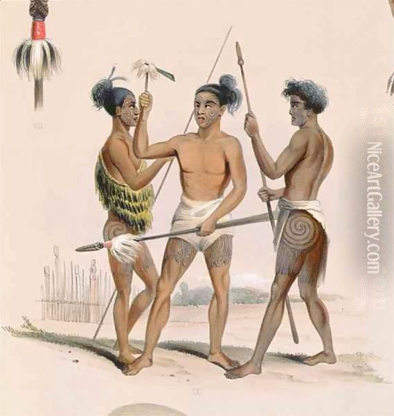 Maori warriors preparing for battle, from the 'New Zealand Illustrated' Oil Painting - George French Angas