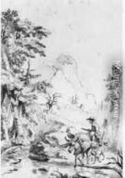Homme Assis Sur Un Ane Traversant Une Riviere En Montagne Oil Painting - Philip Jacques de Loutherbourg