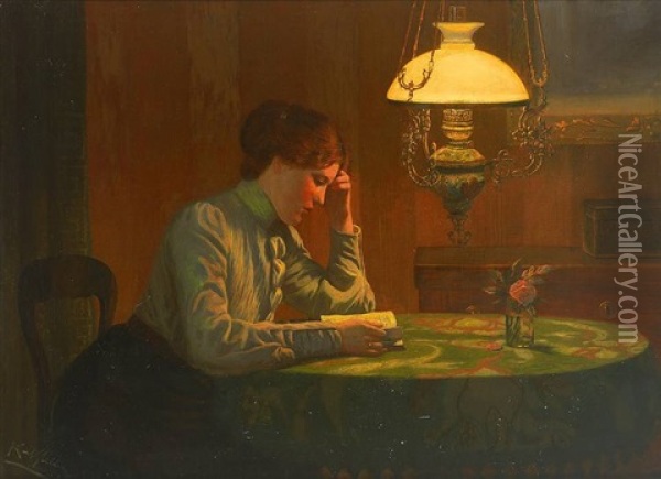 Lesende Junge Frau An Einem Tisch Beim Licht Der Petroleumlampe Oil Painting - Karl Mueller