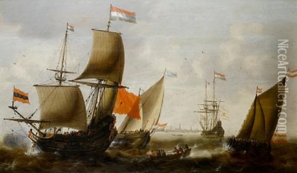 Dutch Shipping In Choppy Seas Off The Coast Of Amsterdam Oil Painting - Jacob Adriaenz. Bellevois