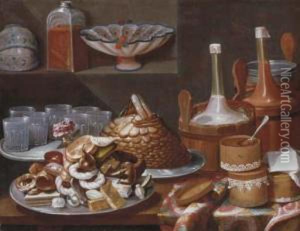 Cakes, Bread, Fruit, A Rose, 
Savoiardi Biscuits And Glasses Onpewter Plates With Bottles In Pails And
 Decorated Boxes On A Partlydraped Table, White And Blue Porcelain Cups 
And Bowls With A Glassjar On A Ledge Oil Painting - Carlo Magini