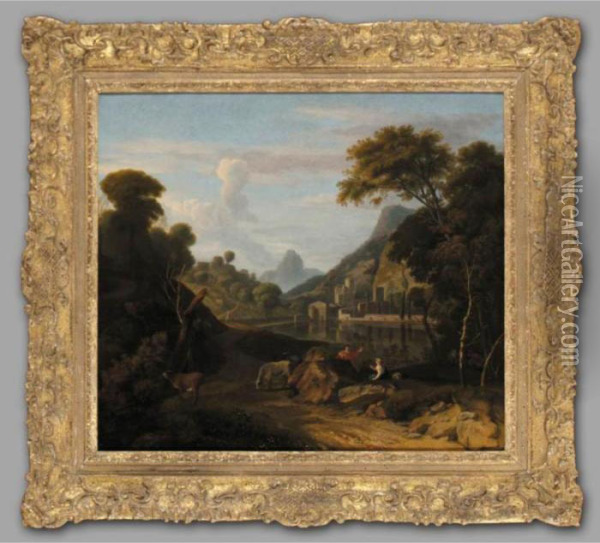 An Italianate River Landscape 
With A Cowherd Conversing With A Shepherdess By A Sandy Track, A 
Monastery Beyond Oil Painting - Aelbert Meyeringh