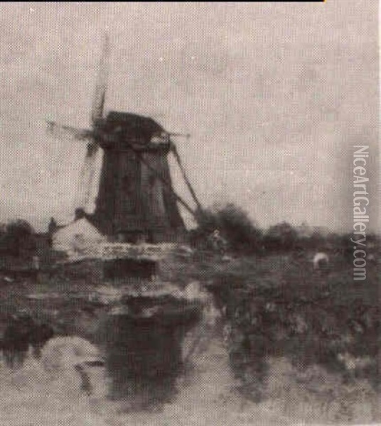 Windmill In A Landscape Oil Painting - Charles Paul Gruppe