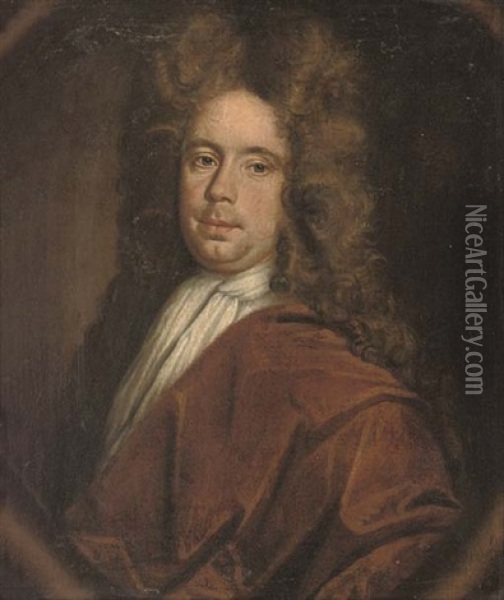 Portrait Of A Gentleman In A Brown Robe, In A Sculpted Cartouche Oil Painting - John Closterman
