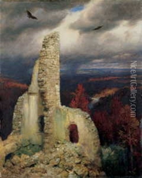 Burgruine Mit Zwei Kreisenden Adlern Oil Painting - Arnold Boecklin