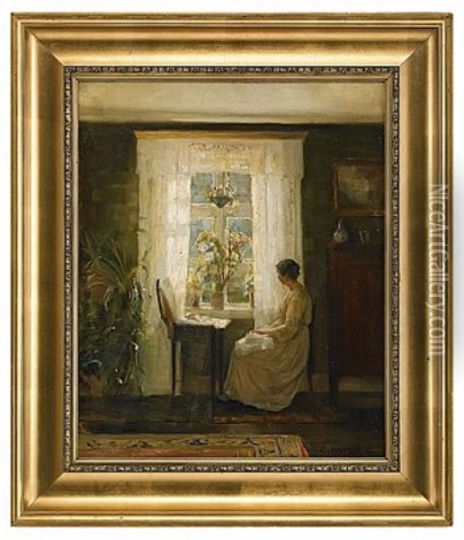 Interior Med Handarbetande Kvinna Oil Painting - Carl Vilhelm Holsoe