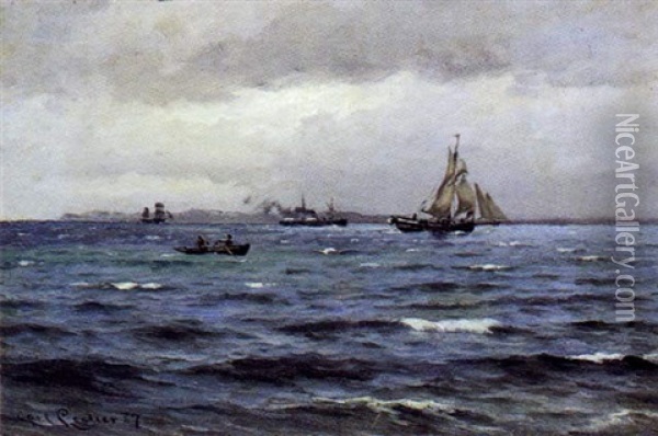 Marine Med Talrige Skibe Ud For Kysten Oil Painting - Carl Ludvig Thilson Locher