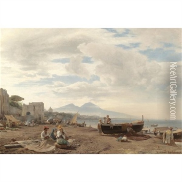 Fischer Am Strand Von Amalfi, Im Hintergrund Der Vesuv (fishermen On The Amalfi Coast With Mount Vesuvius Beyond) Oil Painting - Oswald Achenbach