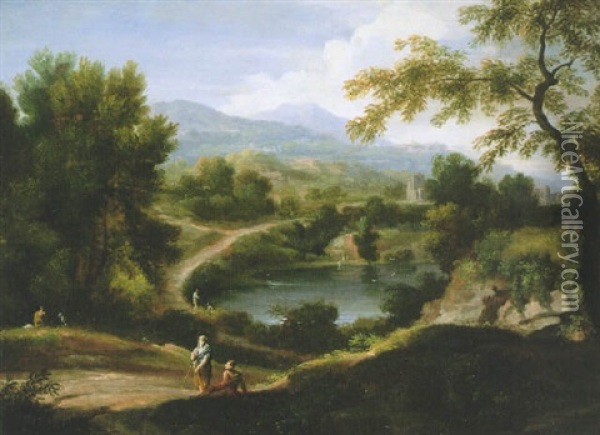 Figures By A Lake In An Italianate Landscape Oil Painting - Gaspard Dughet
