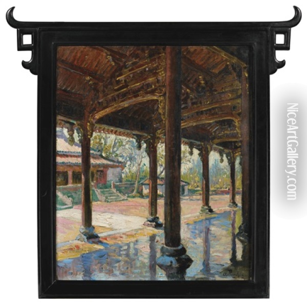 Interior Yard Scene At The Imperial City Of Hue Oil Painting - Antoine Ponchin