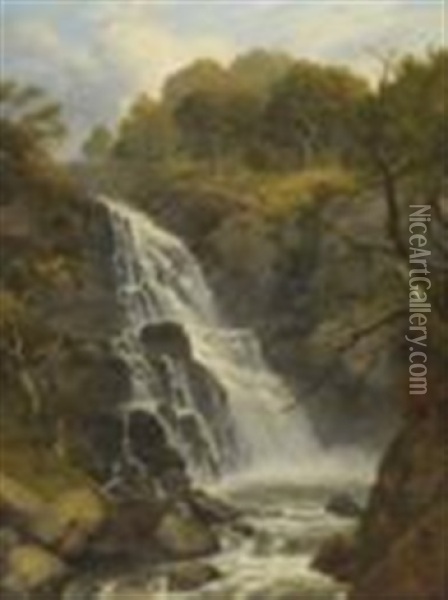 A Fall On The River Cain, North Wales Oil Painting - Edmund Gill