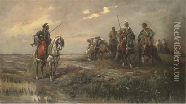 Nomads (after Adolf Schreyer) Oil Painting - Frederick Von Luerzer