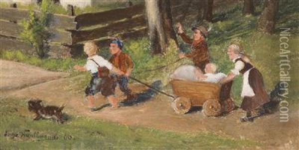 Children With Wagon Oil Painting - Hugo Kauffmann