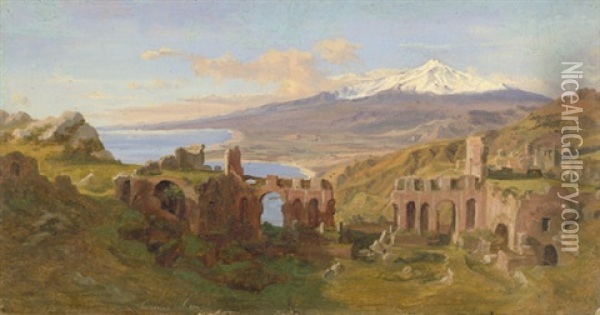 Taormina: Blick Uber Das Antike Amphitheater Auf Die Kuste Und Den Schneebedeckten Aetna Oil Painting - Gustav Friedrich Papperitz