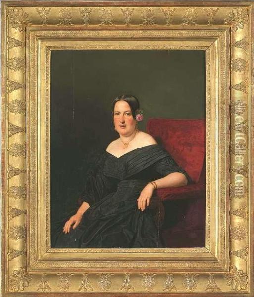 Portrait Of An Elegant Lady Sitting In A Red Recliner And Wearing A Black Robe Oil Painting - Ferdinand Georg Waldmuller