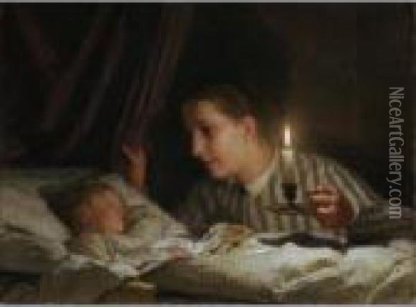 Young Mother Watching Her Sleeping Child By The Candlelight Oil Painting - Albert Anker