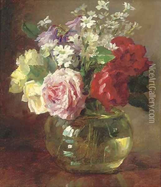 Roses and daisies in a glass vase Oil Painting - Catherine M. Wood